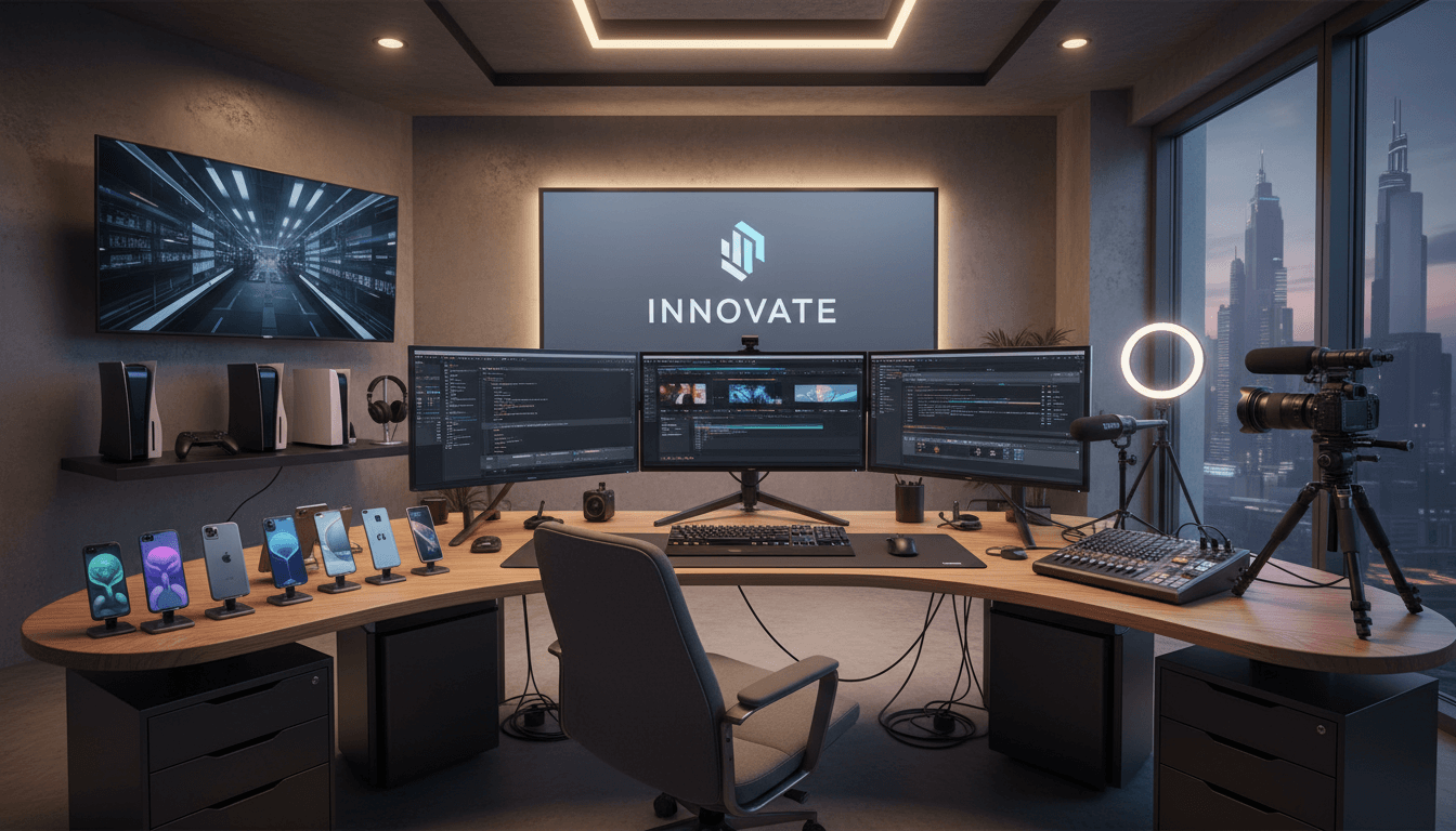 Spazio di lavoro tecnologico con smartphone, console, attrezzature video e setup professionale